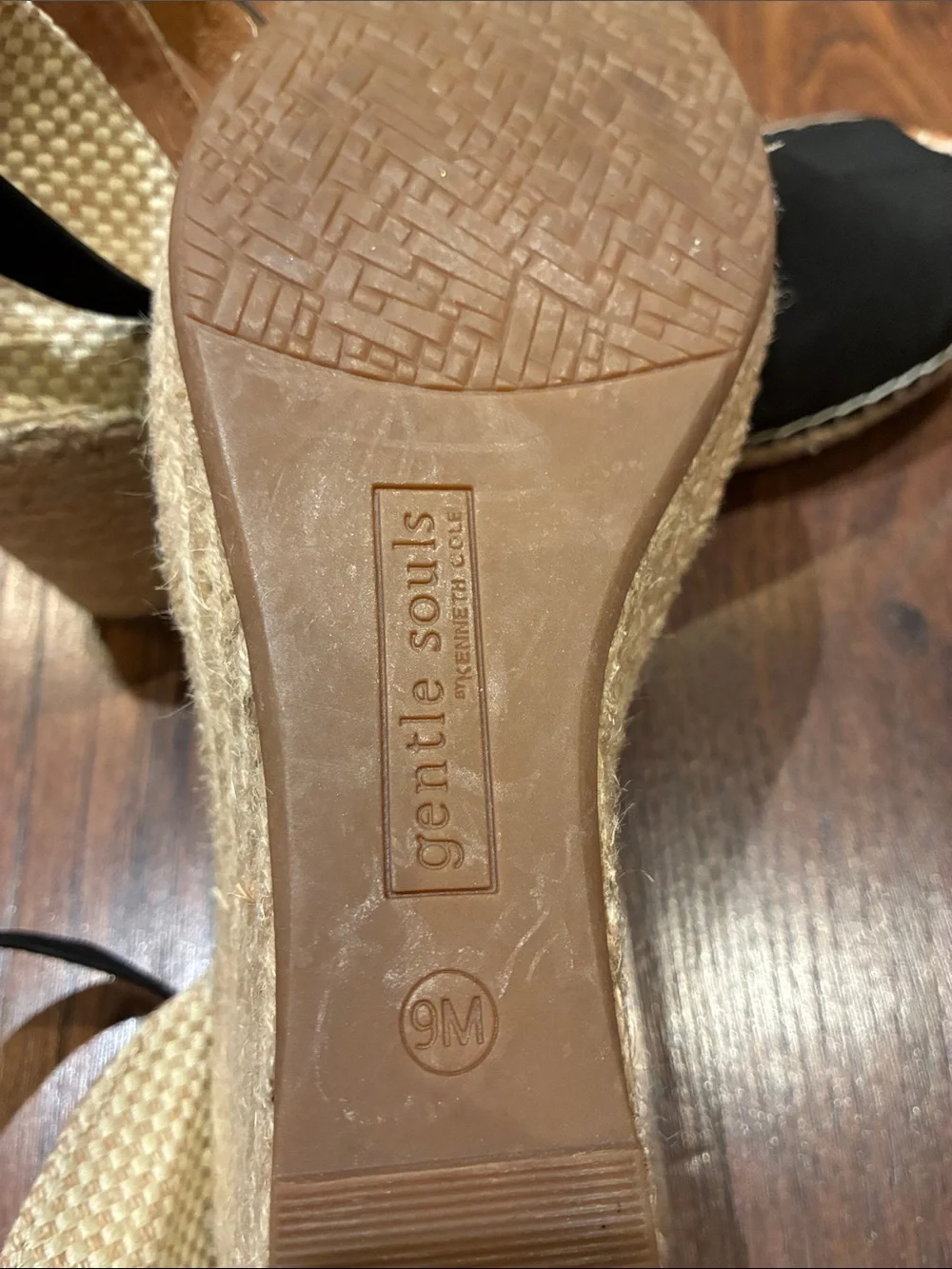 gentle souls Black Leather Espadrille Wedge Sandals with Ankle Strap